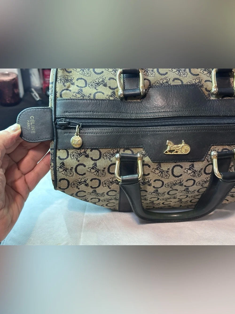 Celine Vintage Navy Leather Trim Mono Boston Bag